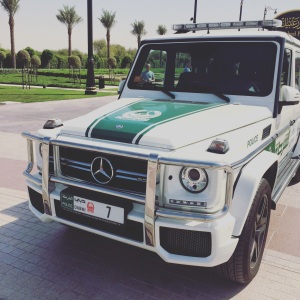 This car is 1) a police car (and a Mercedes, just casually), and 2) owned by the Sheikh, because it has a very, very small number plate (i.e."7")